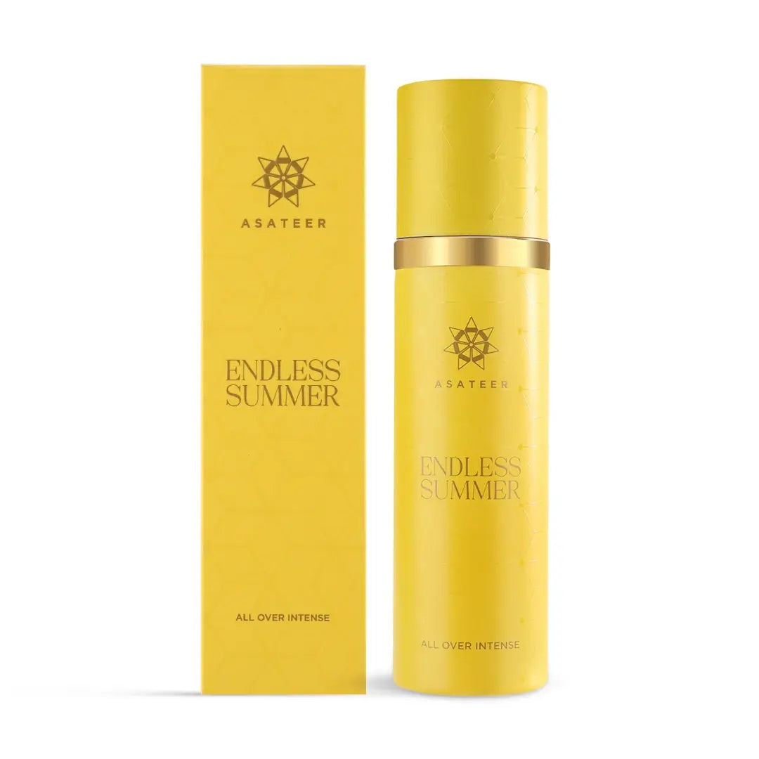'Endless Summer' all over intense bottle & packaging on a white background with 'Asateer' branding