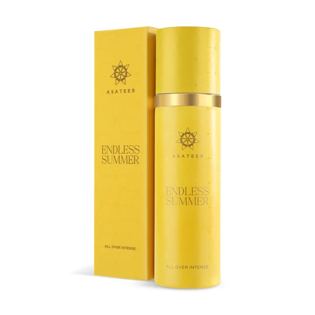'Endless Summer' all over intense bottle & packaging on a white background with 'Asateer' branding
