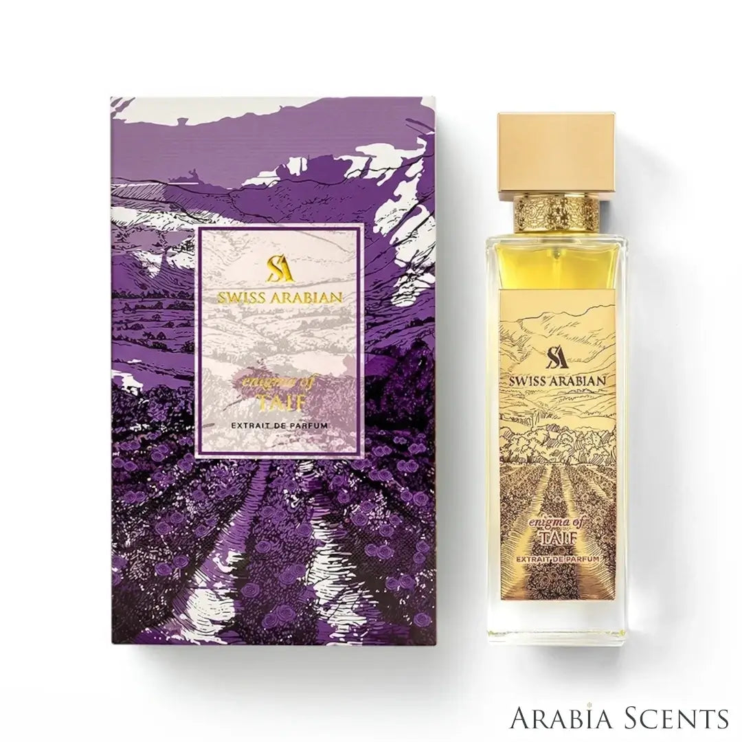 'Enigma Of Taif' perfume bottle & packaging on a white background with 'Swiss Arabian' branding featured by 'Arabiascents'
