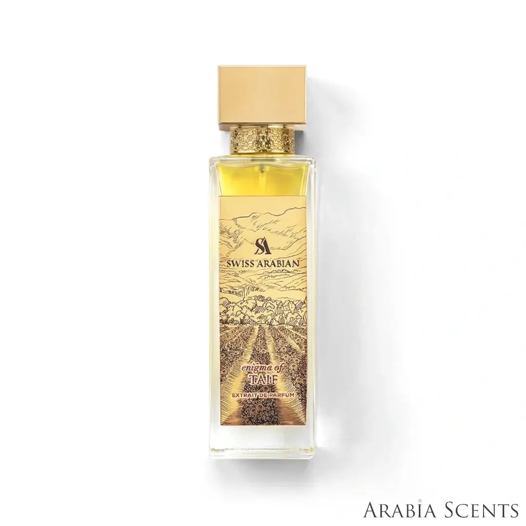 'Enigma Of Taif' perfume bottle on a white background with 'Swiss Arabian' branding featured by 'Arabiascents'