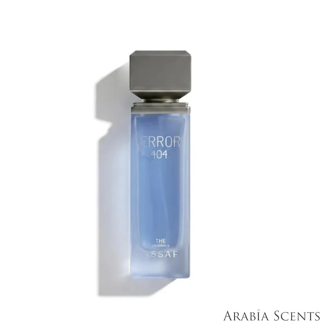 'Error 404' perfume bottle on a white background with 'Assaf' branding featured by 'Arabiascents'