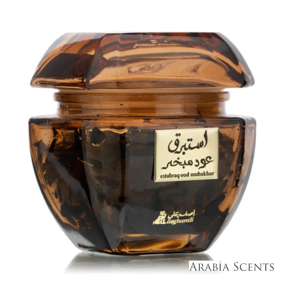 'Estabraq Oud Mubakhar' incense bottle on a white background with 'Asgharali' branding featured by 'Arabiascents' 