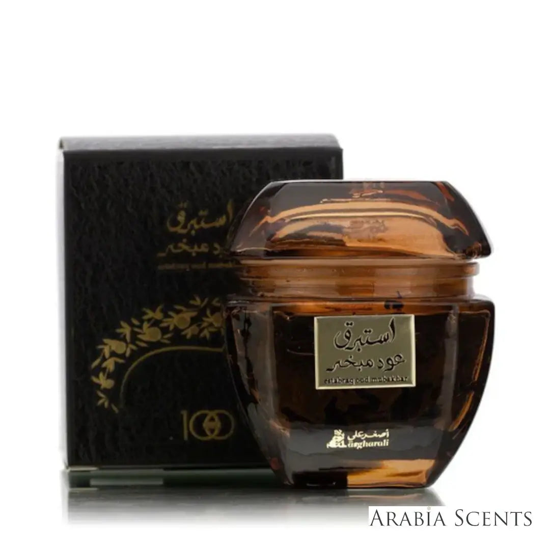 'Estabraq Oud Mubakhar' incense bottle & packaging on a white background with 'Asgharali' branding featured by 'Arabiascents' 
