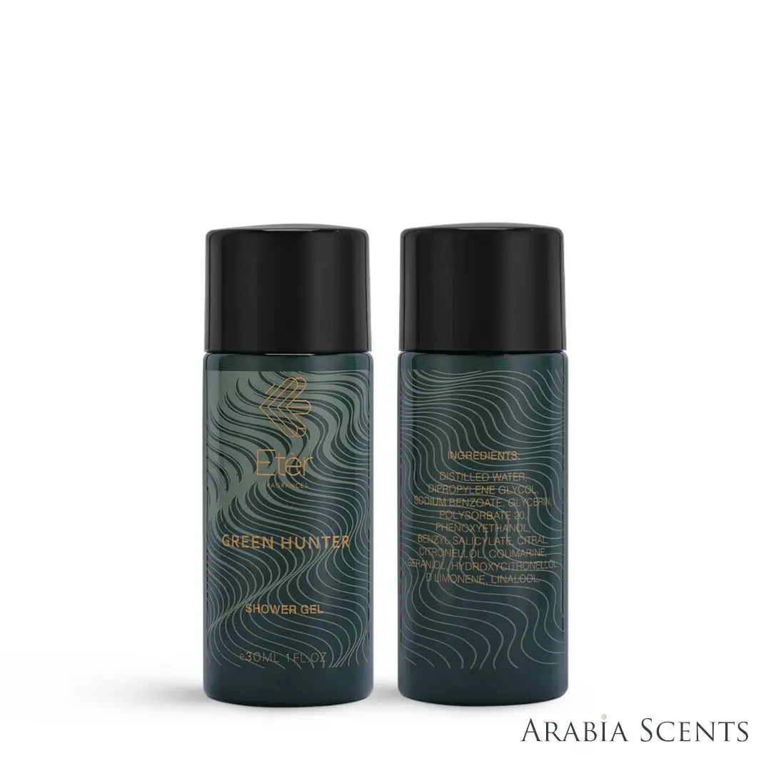 'Green Hunter' Shower Gel bottle on a white background with 'Eter' branding featured by 'Aabiascents'