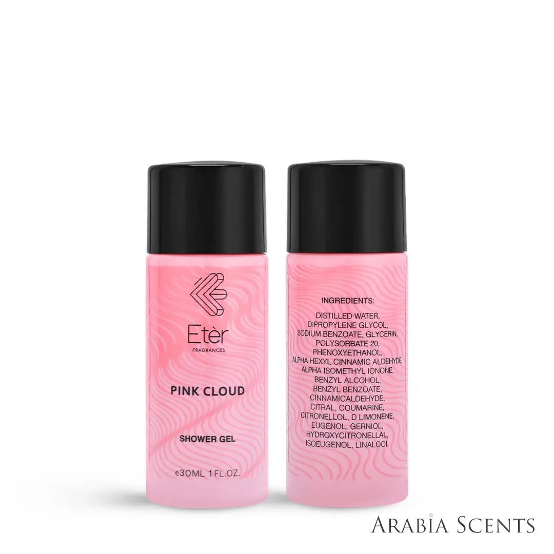 'Pink Cloud' Shower Gel bottle on a white background with 'Eter' branding featured by 'Aabiascents'