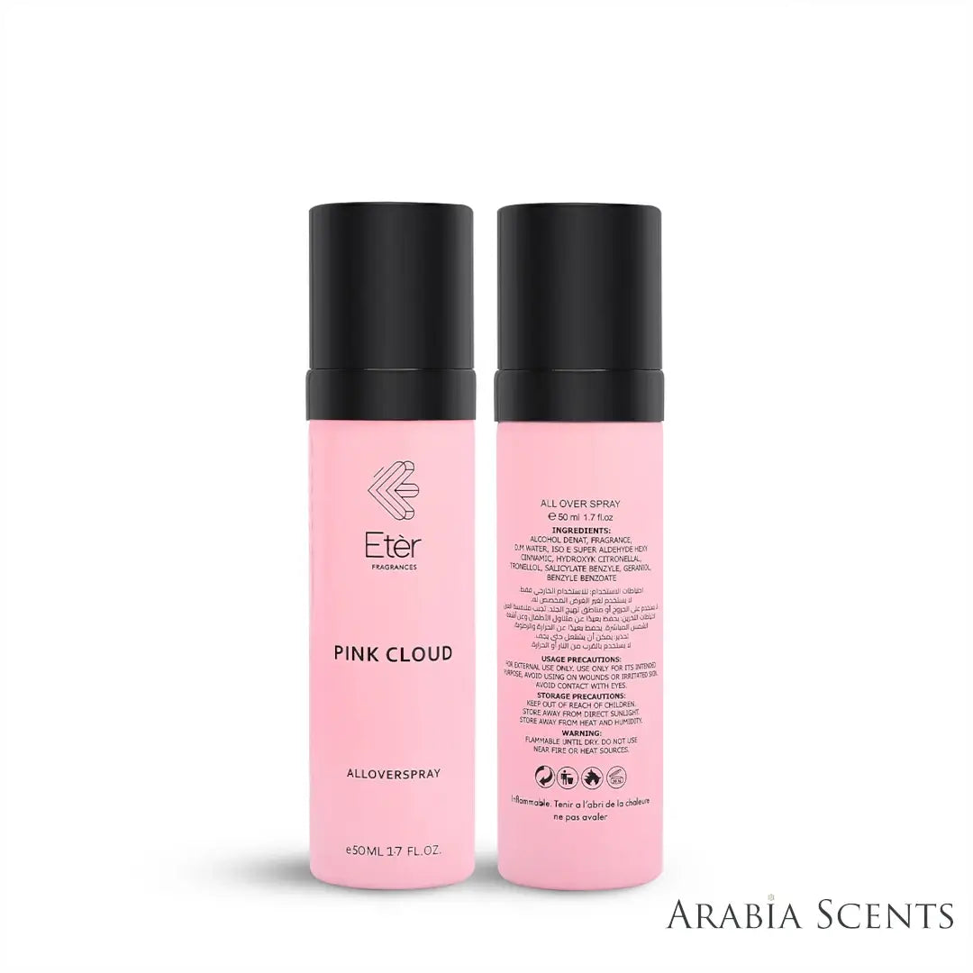 'Pink Cloud' All Over Spray bottle on a white background with 'Eter' branding featured by 'Aabiascents'