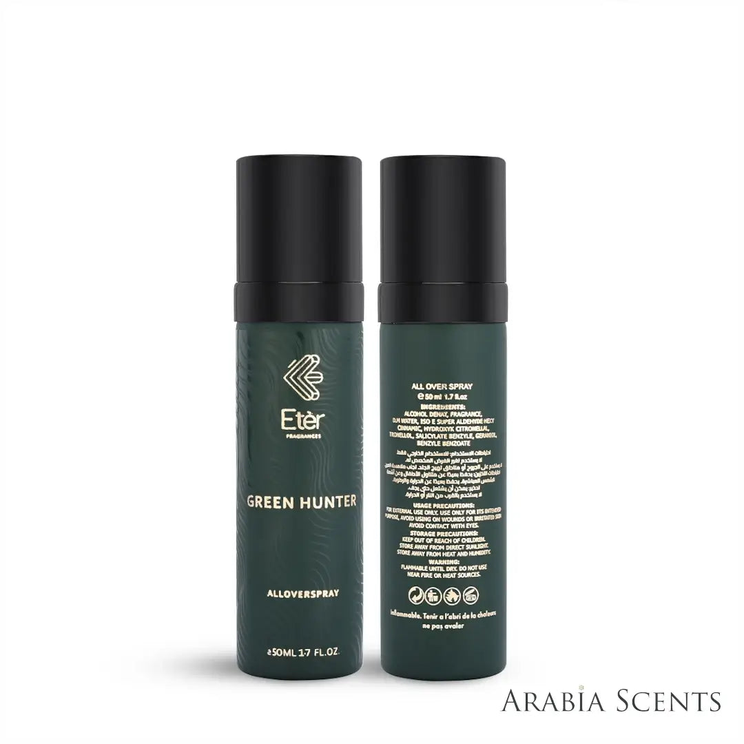 'Green Hunter' All Over Spray bottle on a white background with 'Eter' branding featured by 'Aabiascents'