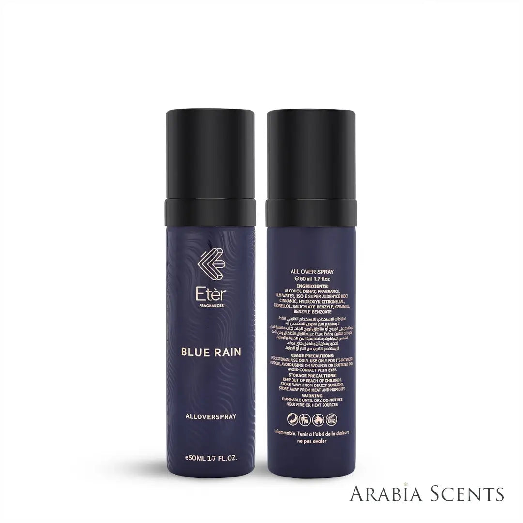 'Blue Rain' All Over Spray bottle on a white background with 'Eter' branding featured by 'Aabiascents'
