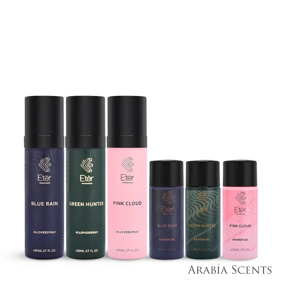 'Eter' Summer Collection All Over Spray & Shower Gel bottles on a white background with 'Eter' branding featured by 'Arabiascents'