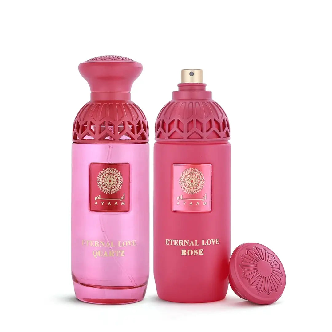 'Eternal Love Set' perfume bottles in a white background with 'Ayaam' branding