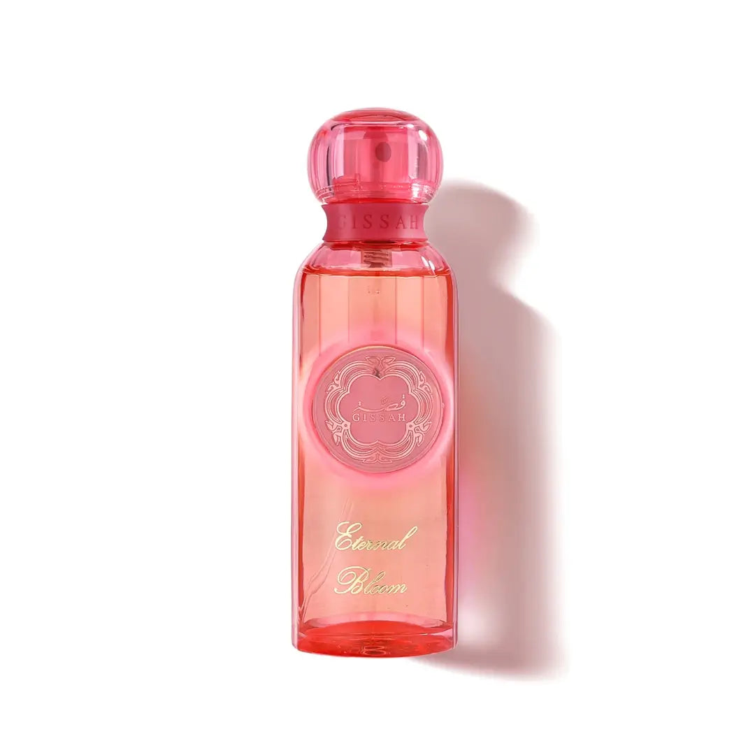 'Eternal Bloom' body oil bottle in a white background with 'Gissah' branding