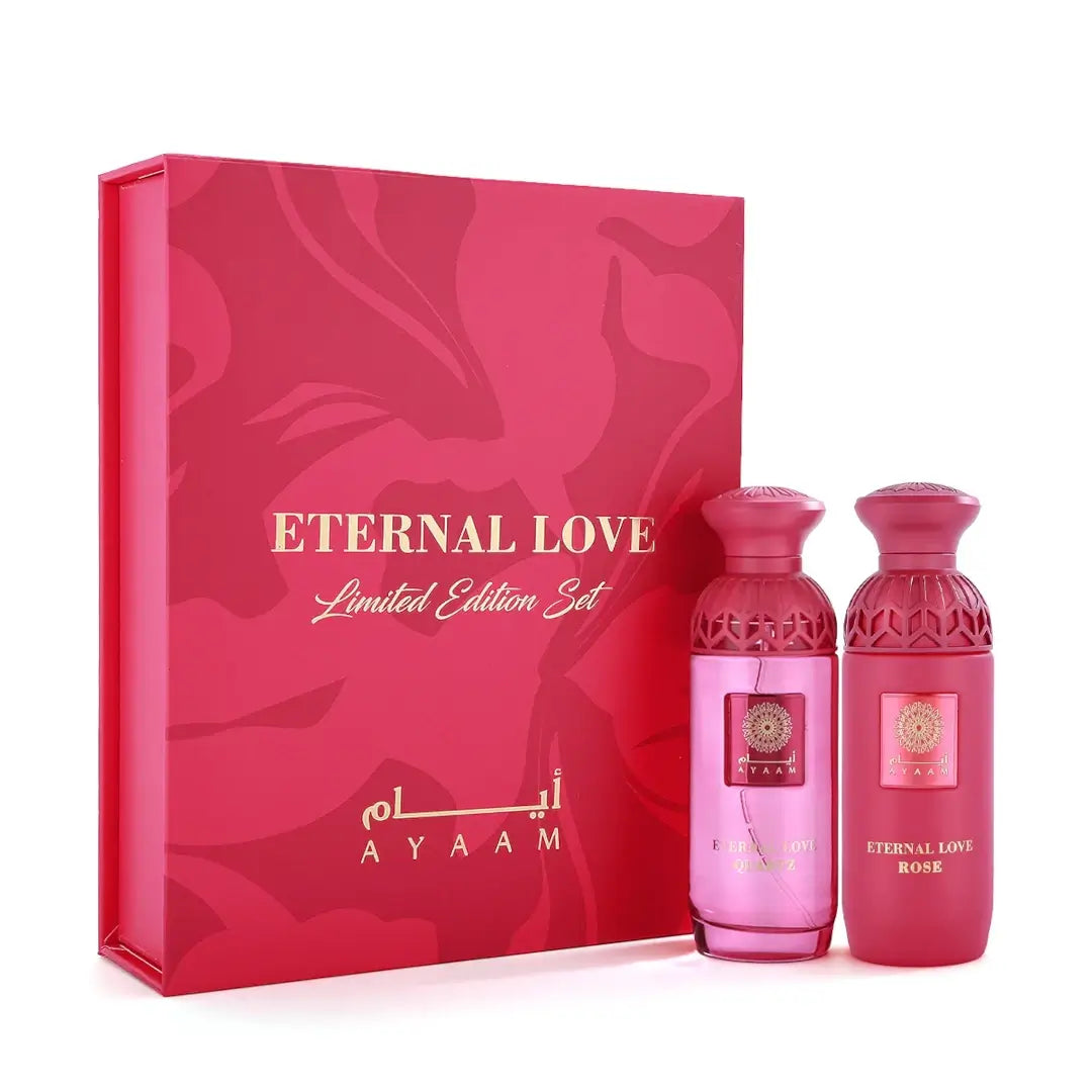 'Eternal Love Set' perfume bottles & packaging in a white background with 'Ayaam' branding