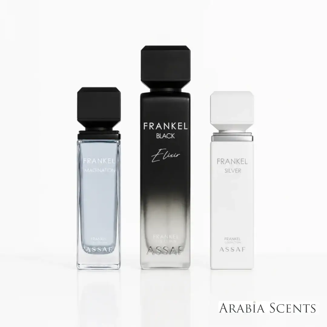 Three perfume bottles of 'Exclusive Frankel Collection' by 'Assaf' on a white background Featured by 'Arabiascents' 
