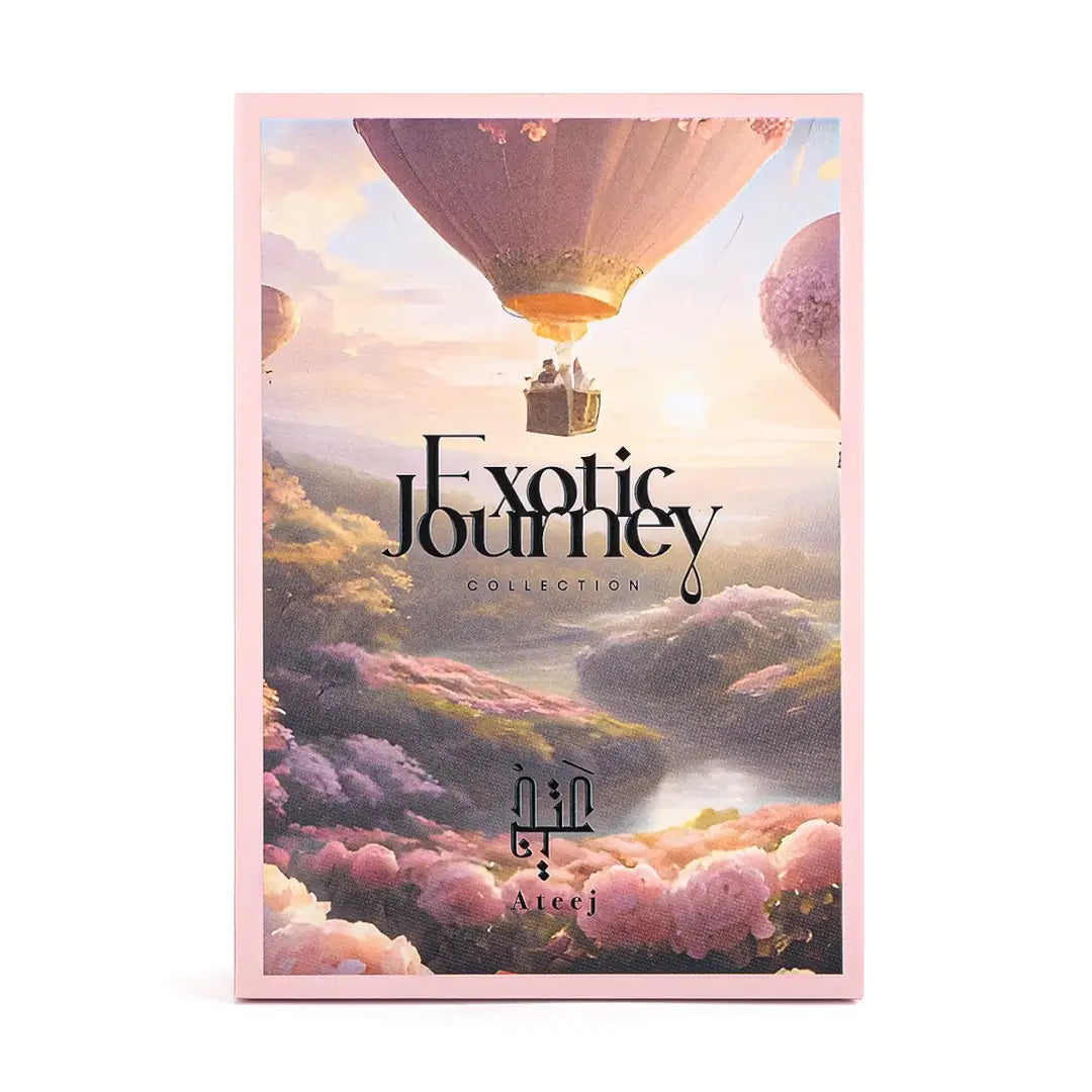 Product packaging for Ateej 'Exotic Journey Set' with hot air balloons and scenic landscape.