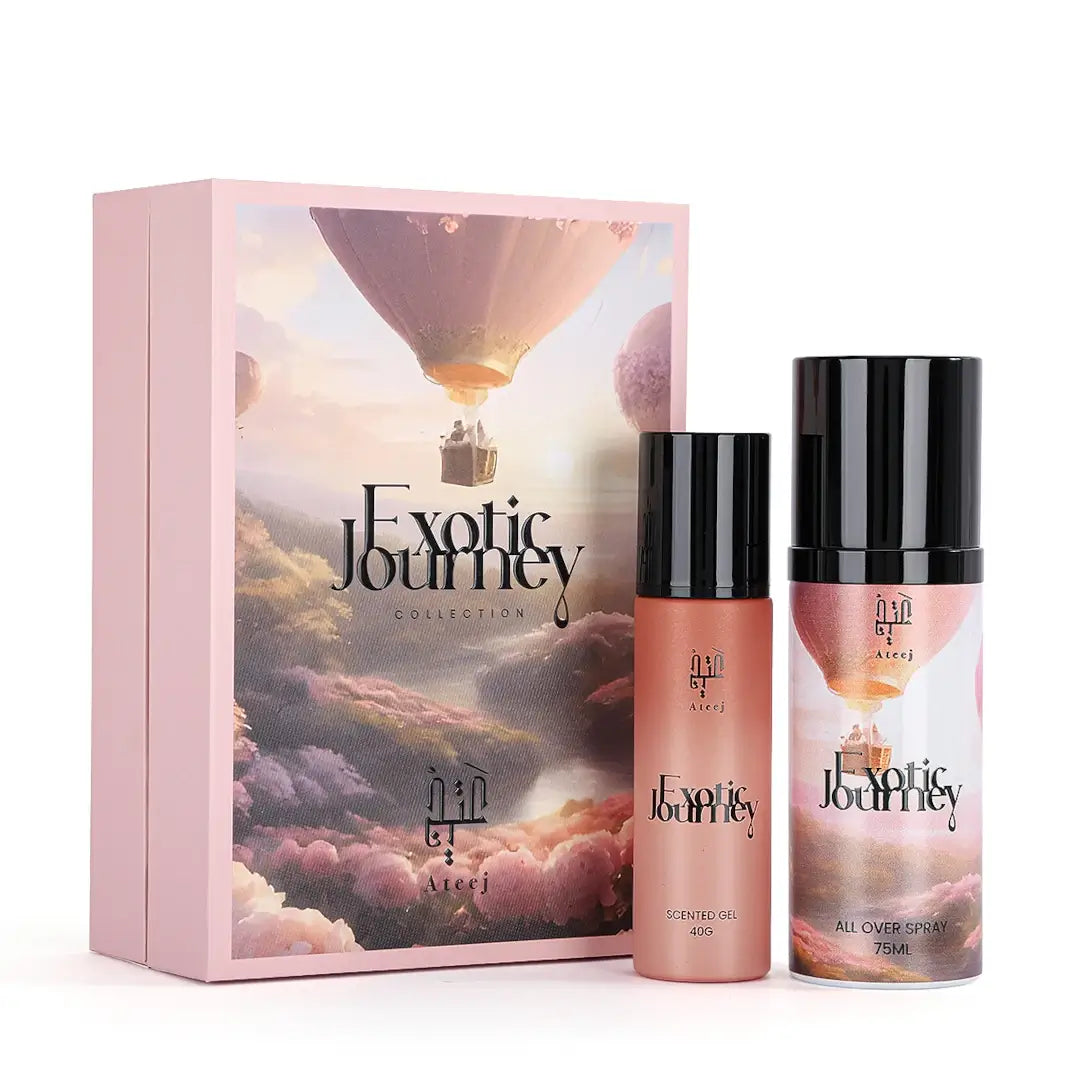 Exotic Journey set with packaging and two bottles on a white background branded Ateej