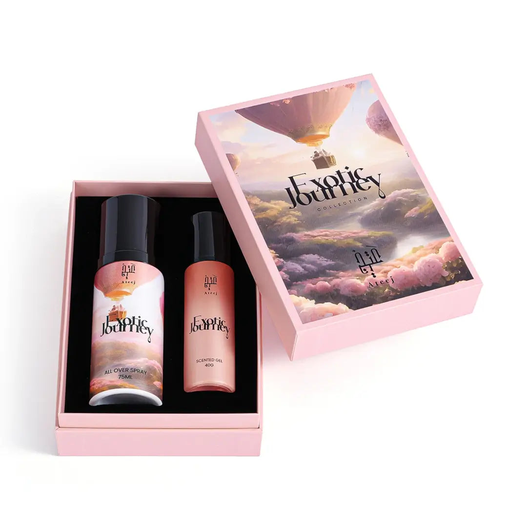 Two bottles of Ateej 'Exotic Journey' products in a decorative box with a cloud-themed design.