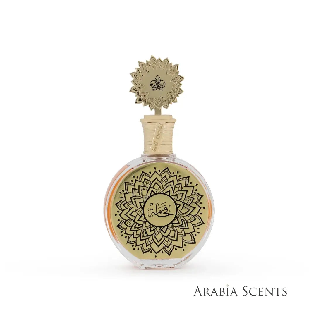 'Fakhama' Perfume bottle with decorative design and Maison Asrar  branding on a white background featured by 'Arabia Scents'