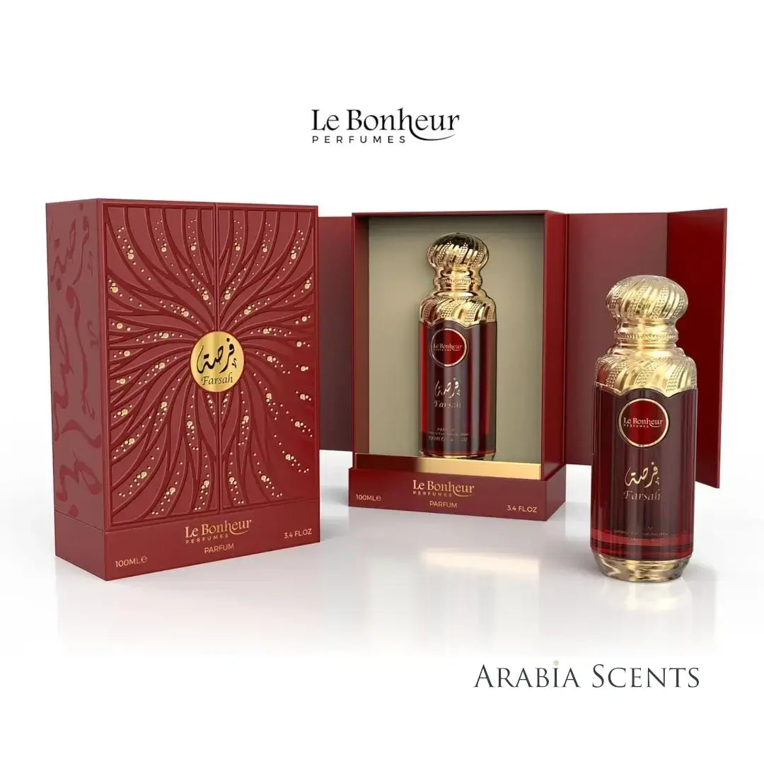 'Farsah' by Le Bonheur perfume bottle and packaging on a white background featured by ArabiaScents