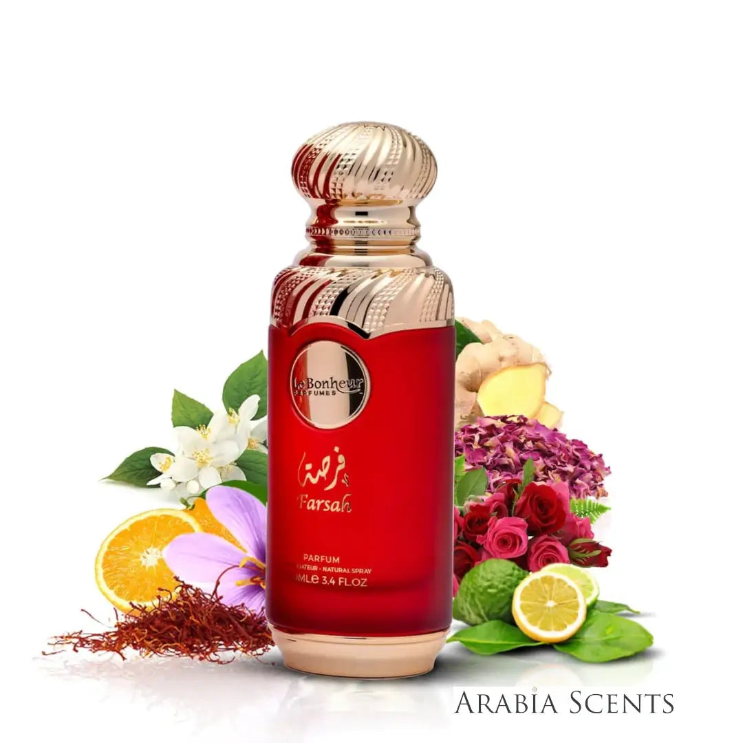 'Farsah' Red perfume bottle with gold cap surrounded by flowers and fruits with Le Bonheur branding on a white background, featured on 'ArabiaScents'