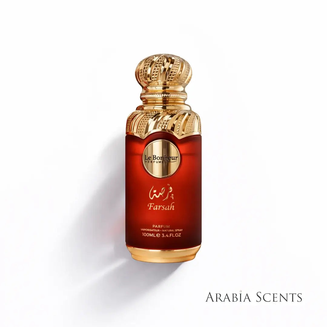 'Farsah' Perfume bottle with gold cap and red body branded Le Bonheur on a white background, featured by 'Arabia Scents'