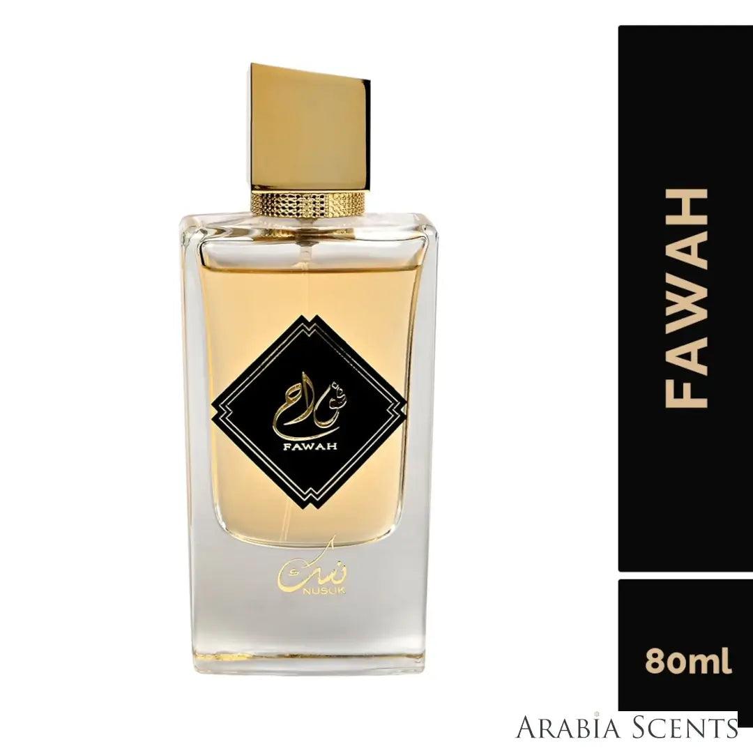 'Fawah' perfume bottle on a white background with 'Nusuk' branding featured by 'Arabiascents'