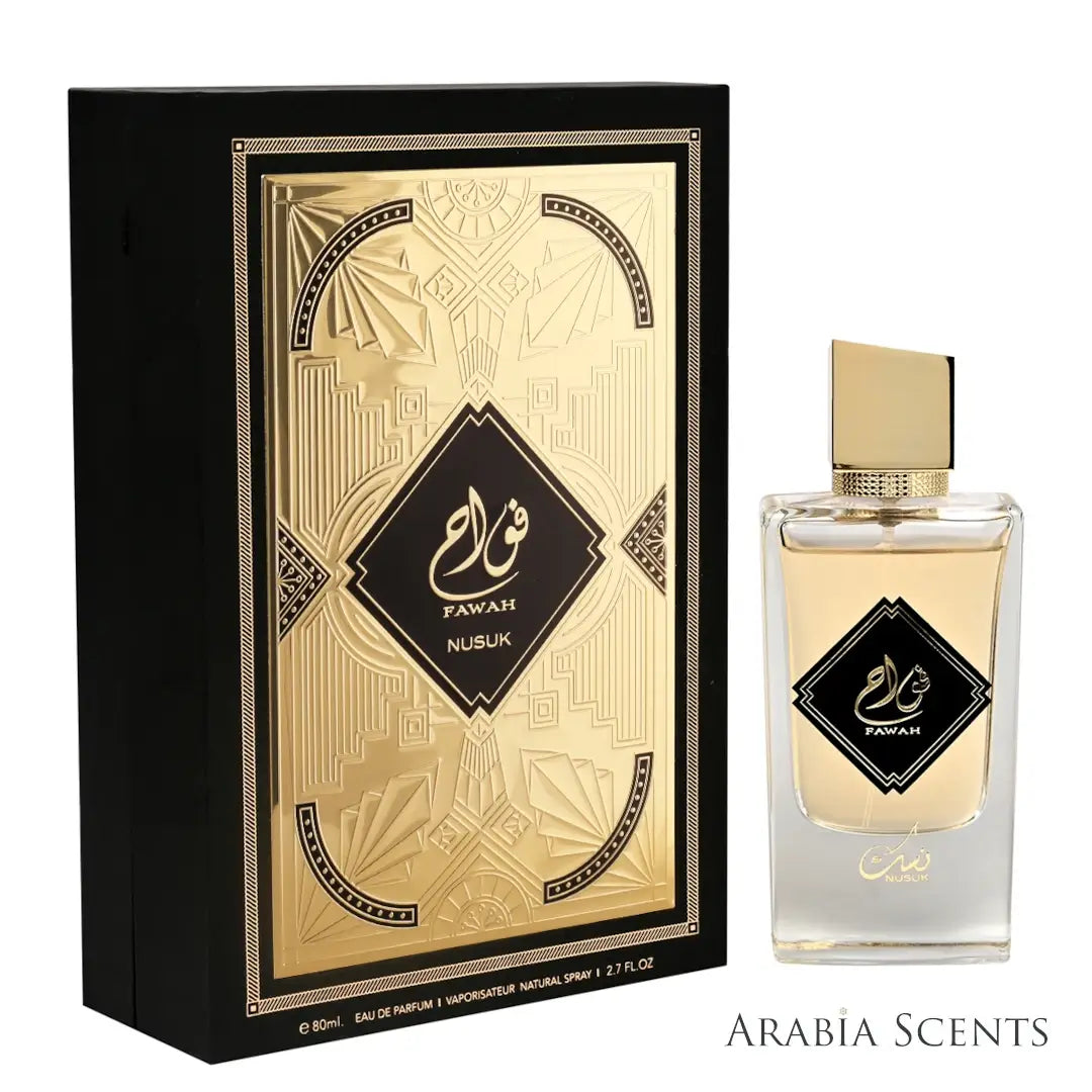 'Fawah' perfume bottle & packaging  on a white background with 'Nusuk' branding featured by 'Arabiascents'