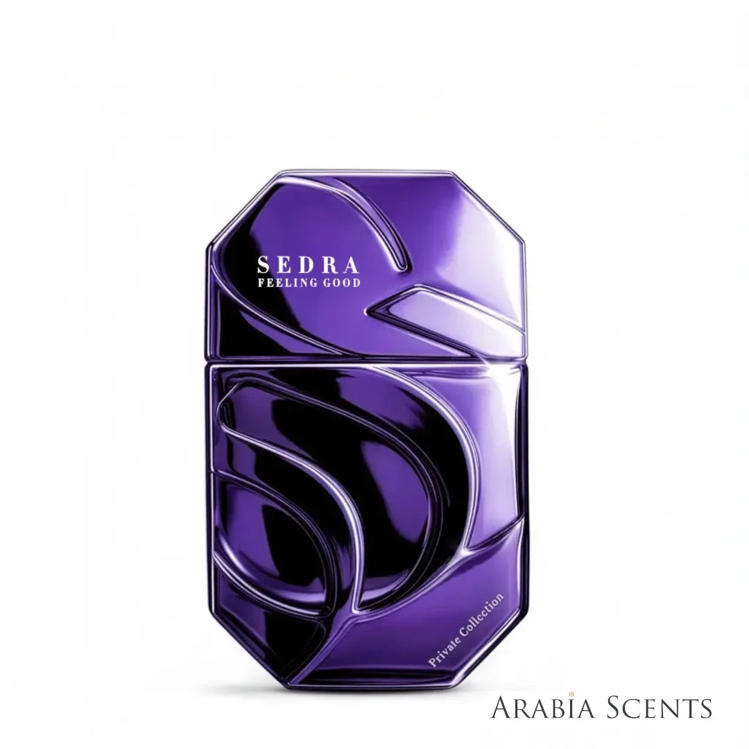 A purple faceted perfume bottle labeled 'SEDRA FEELING GOOD' on a white background featured by 'ARABIASCENTS'