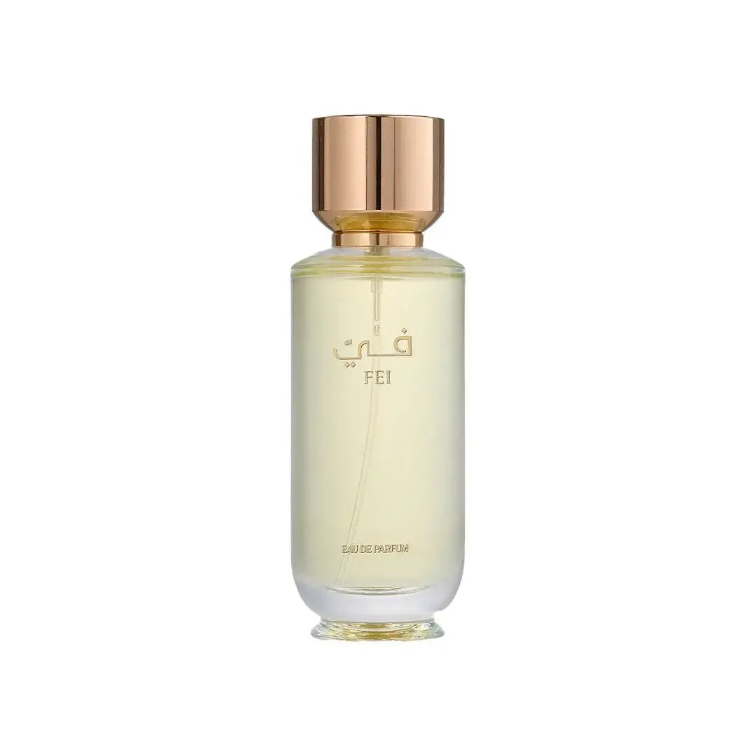 'Fei' Perfume bottle with gold cap on a white background with Al Majed Oud branding