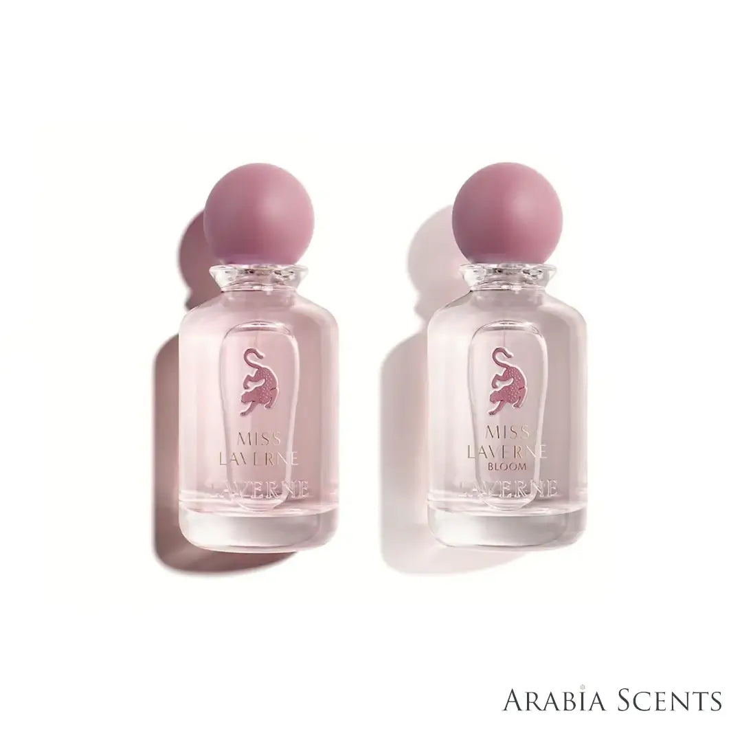 'Feminine Duo' set perfume bottles on a white background with 'Laverne' branding featured by 'Arabiascents'