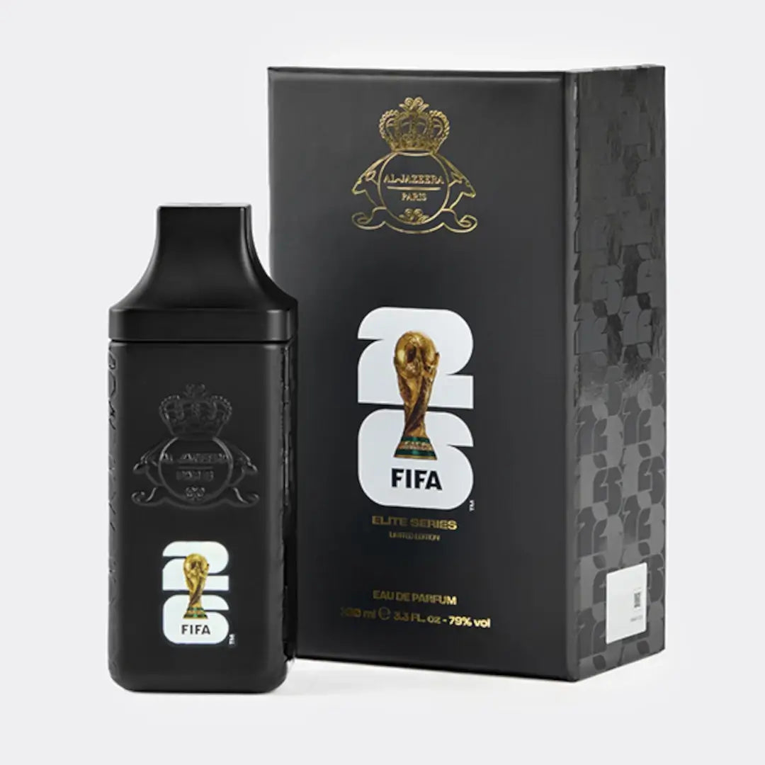 'Fifa Elite' perfume bottle & packaging on a white background with 'Al Jazeera' branding