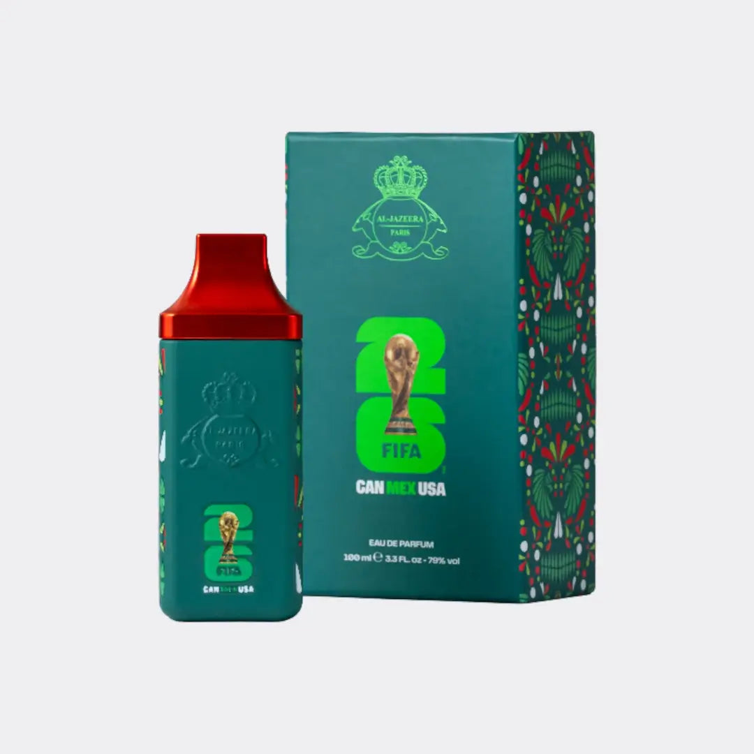 'Fifa Mexico' perfume bottle with matching box featuring FIFA branding on a light gray background branded Al Jazeera Perfumes