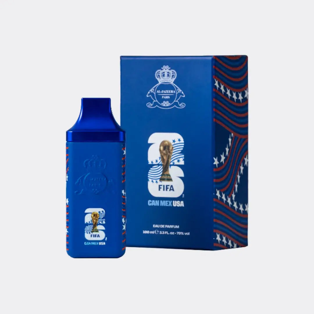 'Fifa USA' Blue perfume bottle and packaging with FIFA World Cup branding on a light gray background branded Al Jazeera Perfumes