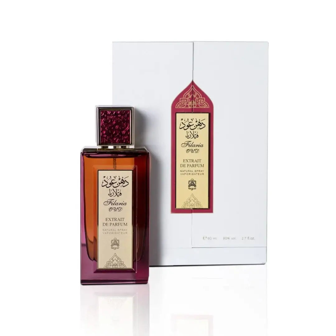 'Filaria Oud' Perfume bottle with its packaging on a white background branded ASQ