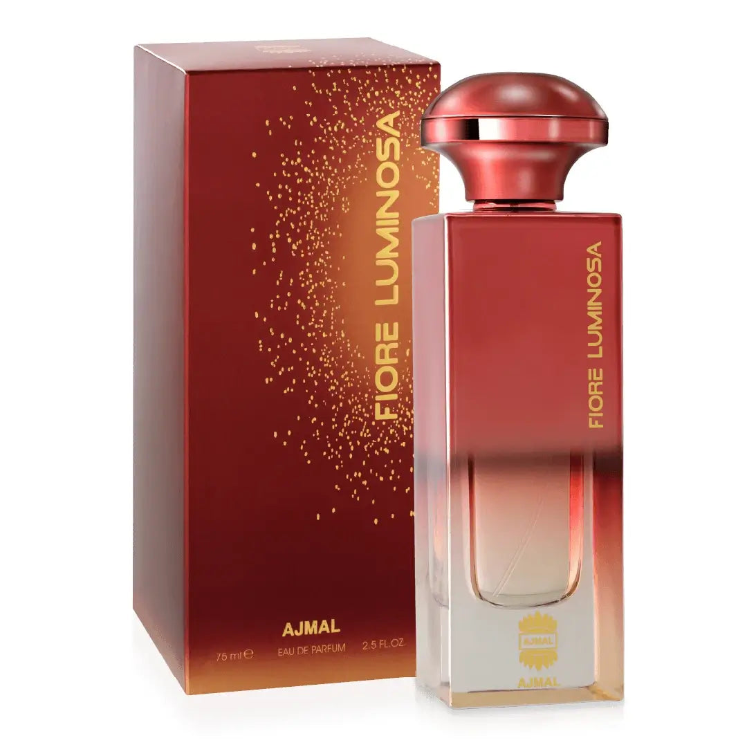 'Fiore Luminosa' perfume bottle & packaging in a white background with 'Ajmal' branding