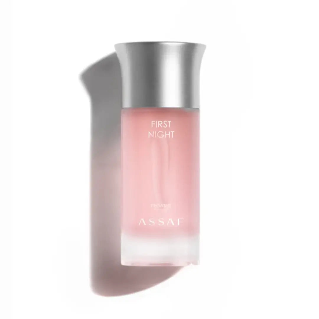 'First Night' perfume bottle on a white background with 'Assaf' branding featured by 'Arabiascents'