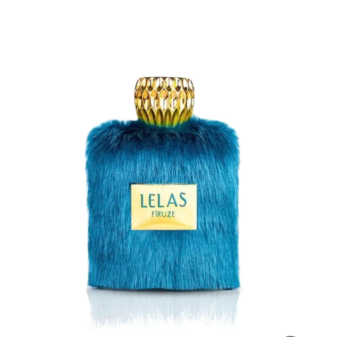 'Firuze' Perfume bottle with blue fur-like cover and gold cap on a white background branded Lelas