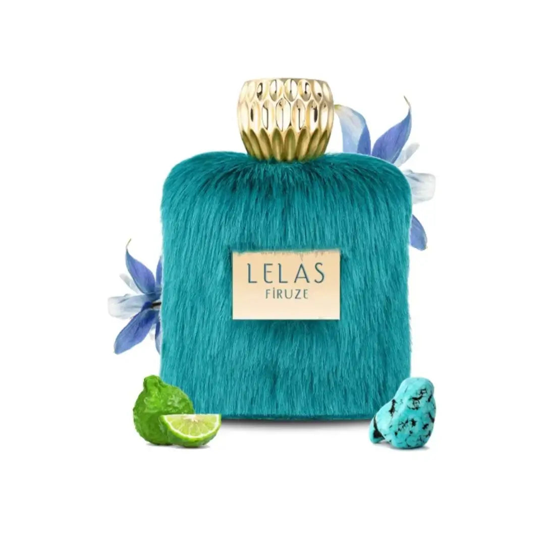 'Firuze' perfume bottle with gold cap and 'LELAS' label on a white background