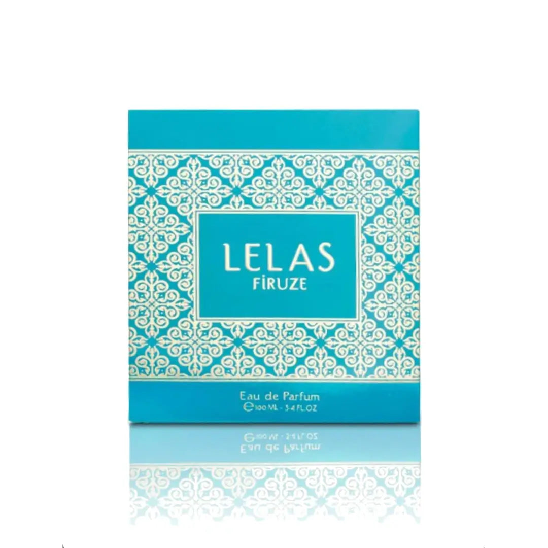Blue and white patterned box with 'LELAS Firuze' branding on a white background