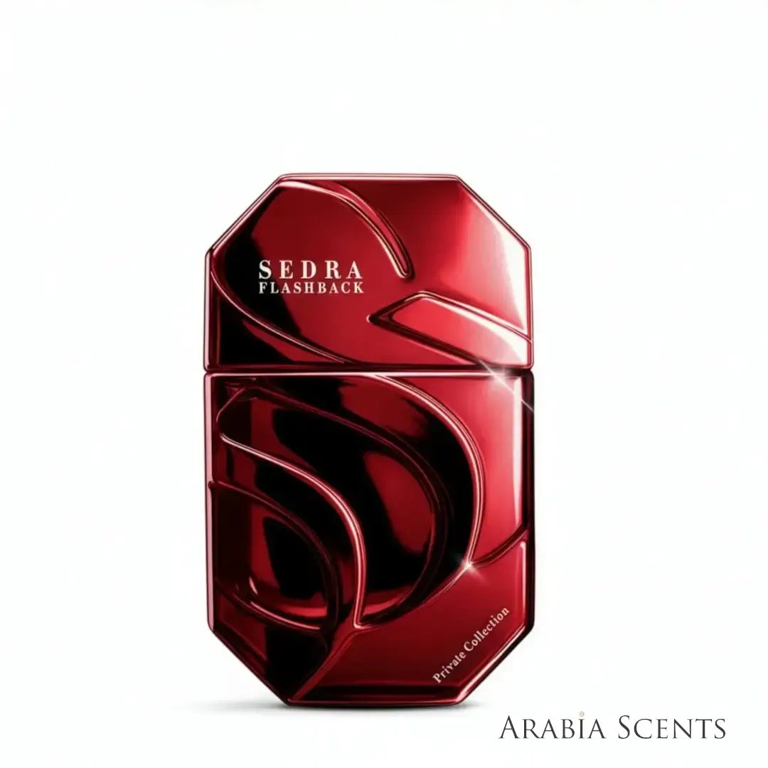 A red faceted perfume bottle labeled 'SEDRA FLASHBACK' with 'Private Collection' near the bottom, shown on a white background featured on 'ARABIASCENTS'