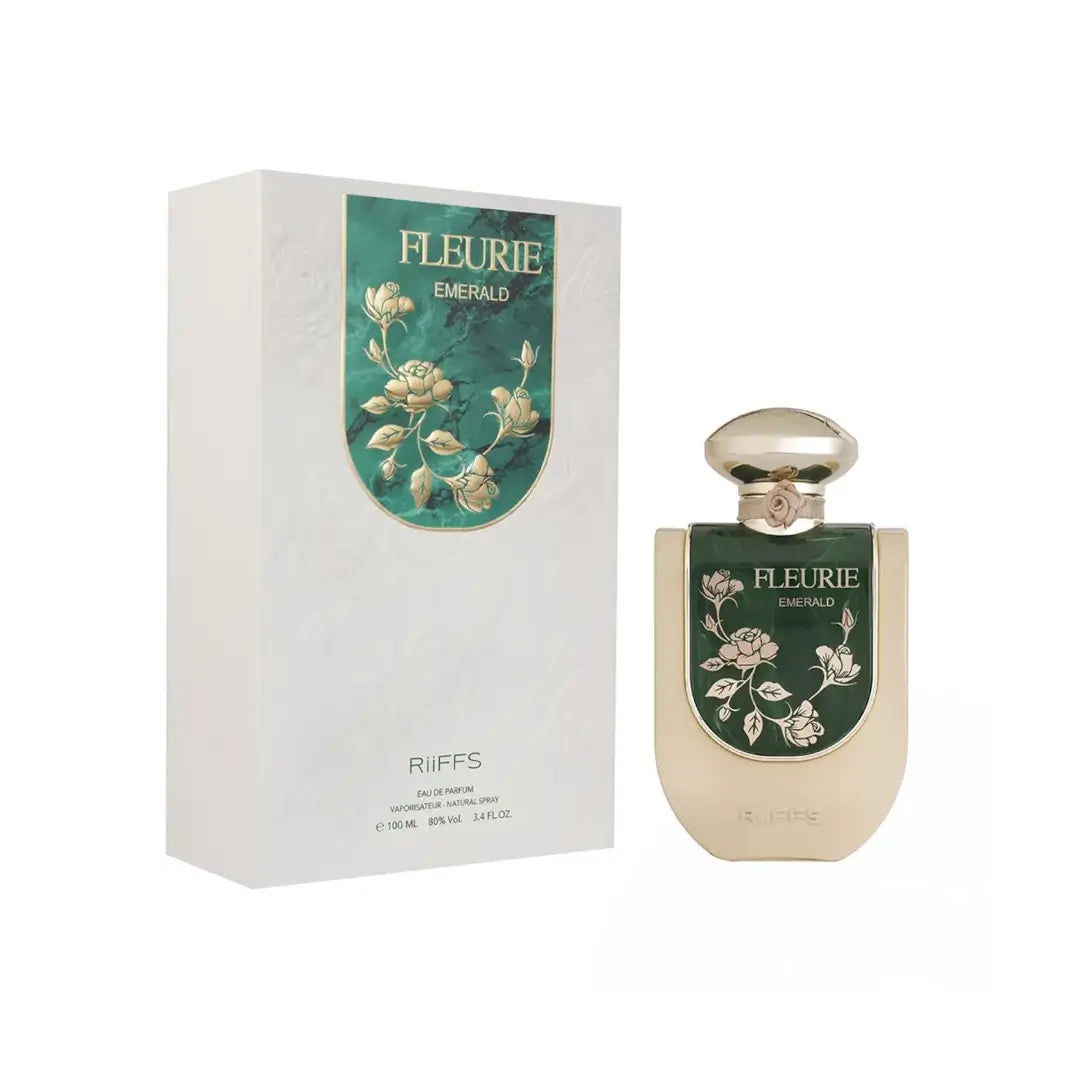 'Fleurie Emerald' perfume bottle and packaging in a white background with 'Riiffs' branding