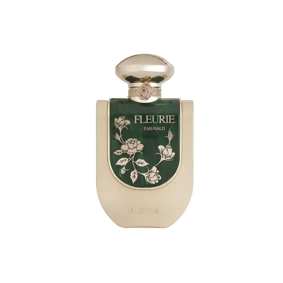 'Fleurie Emerald' perfume bottle in a white background with 'Riiffs' branding
