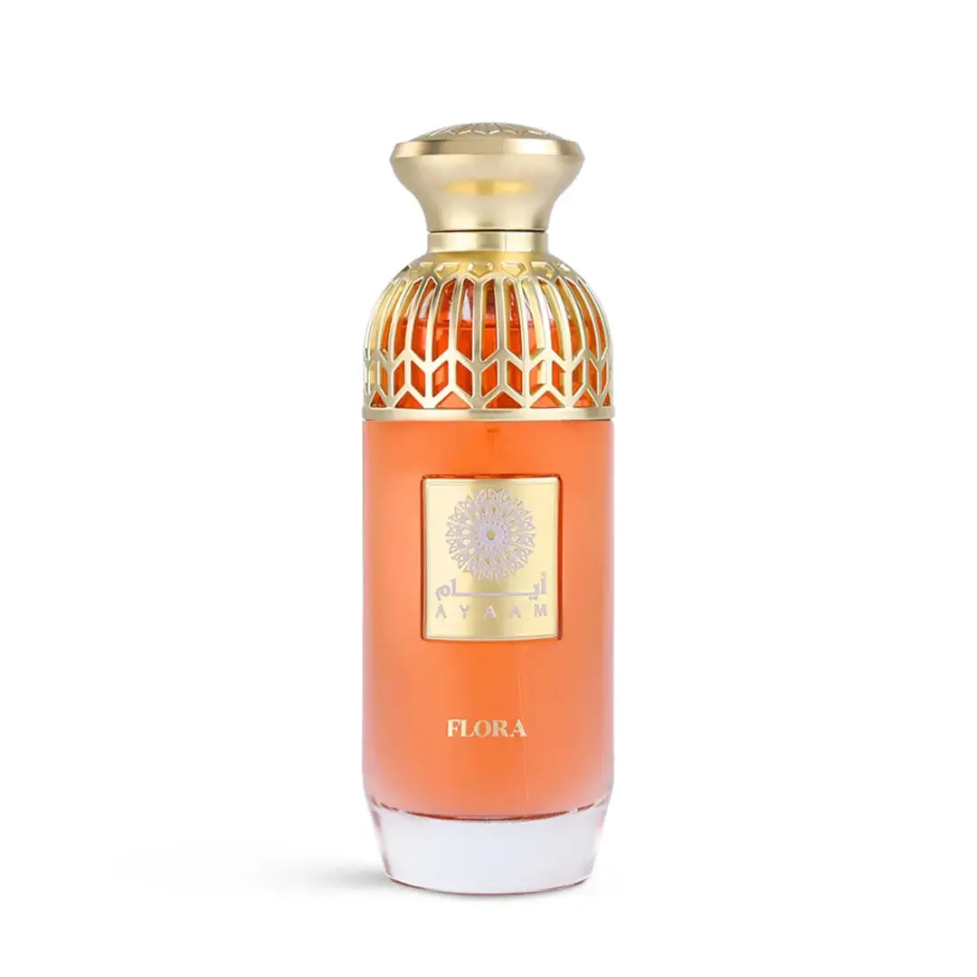 'Flora' perfume bottle on a white background with 'Ayaam' branding