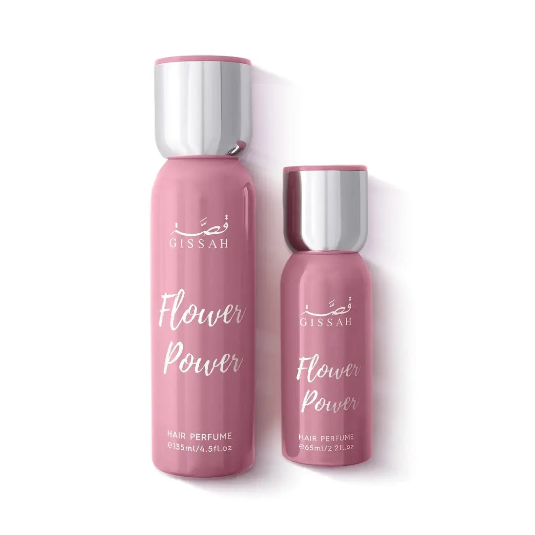 Flower Power hair perfume bottles with silver caps on a white by Gissa background
