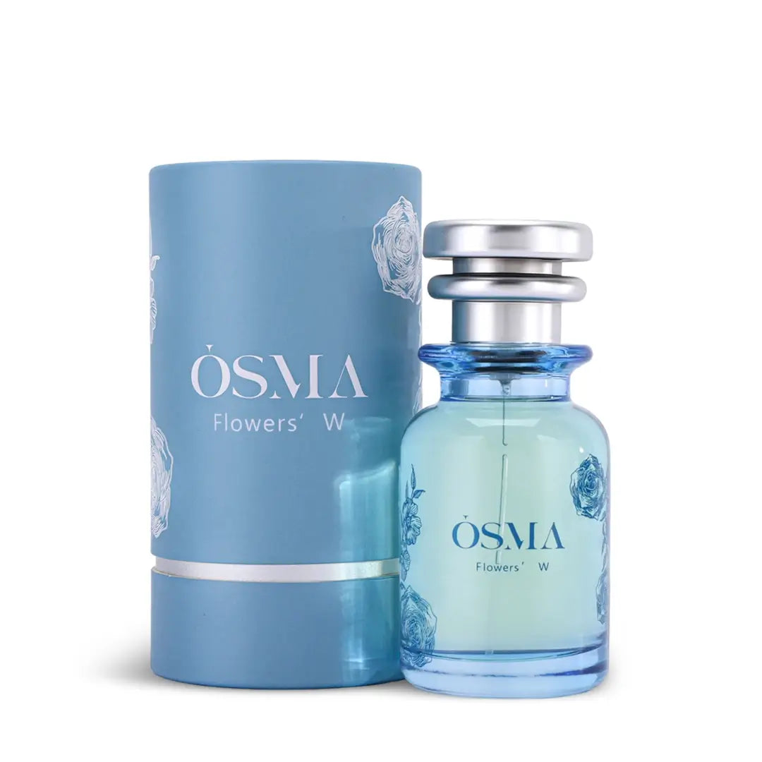 'Flowers W' perfume bottle & packaging with 'OSMA' branding on a white background