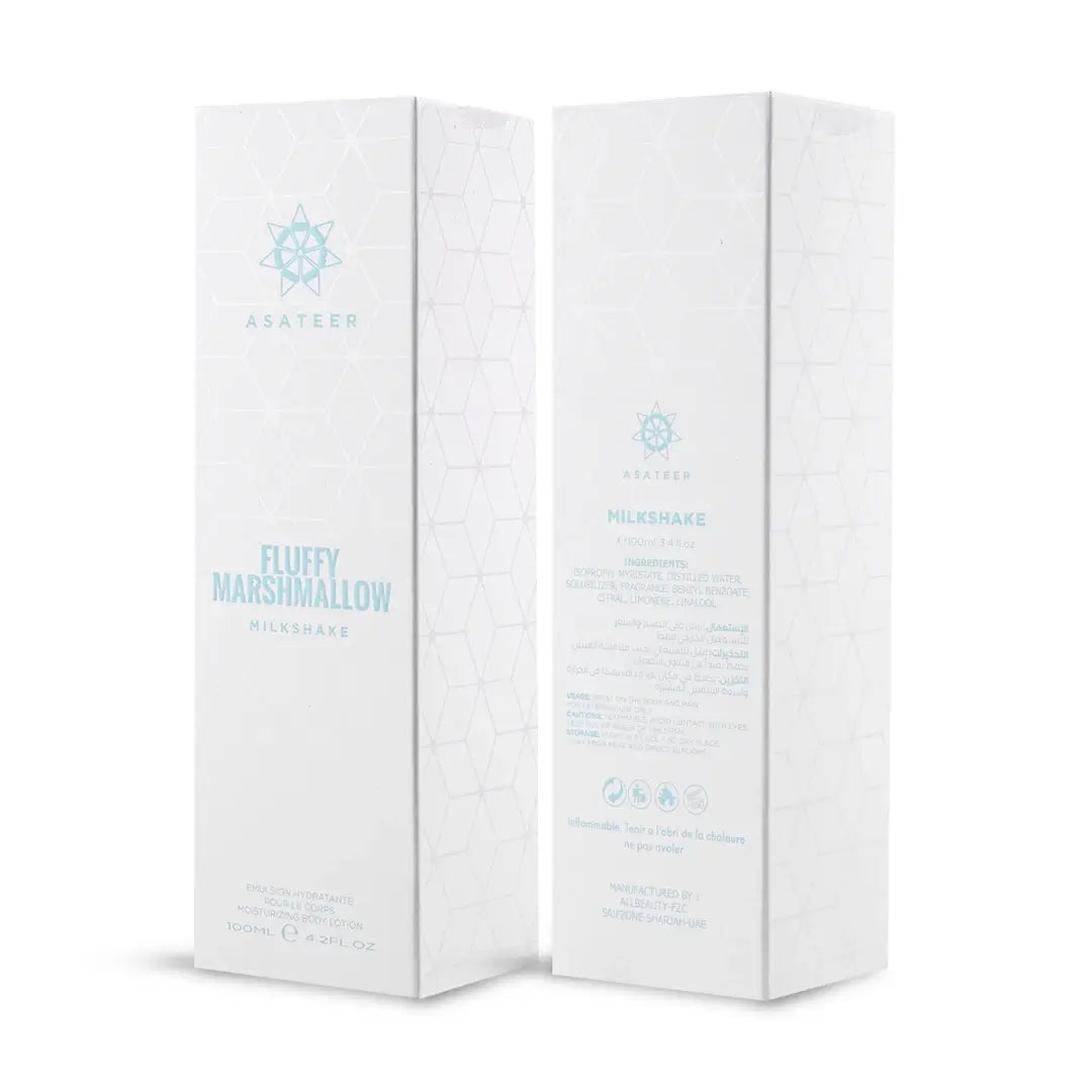 'Fluffy Marshmallow Milkshake Body Lotion Spray' packaging on a white background with 'Asateer' branding