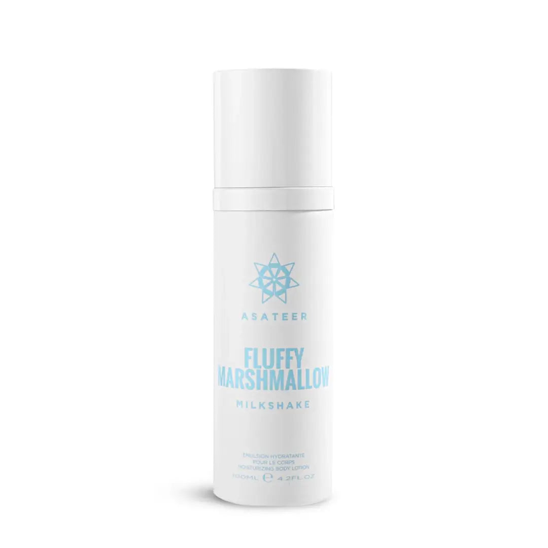 'Fluffy Marshmallow Milkshake Body Lotion Spray' bottle on a white background with 'Asateer' branding