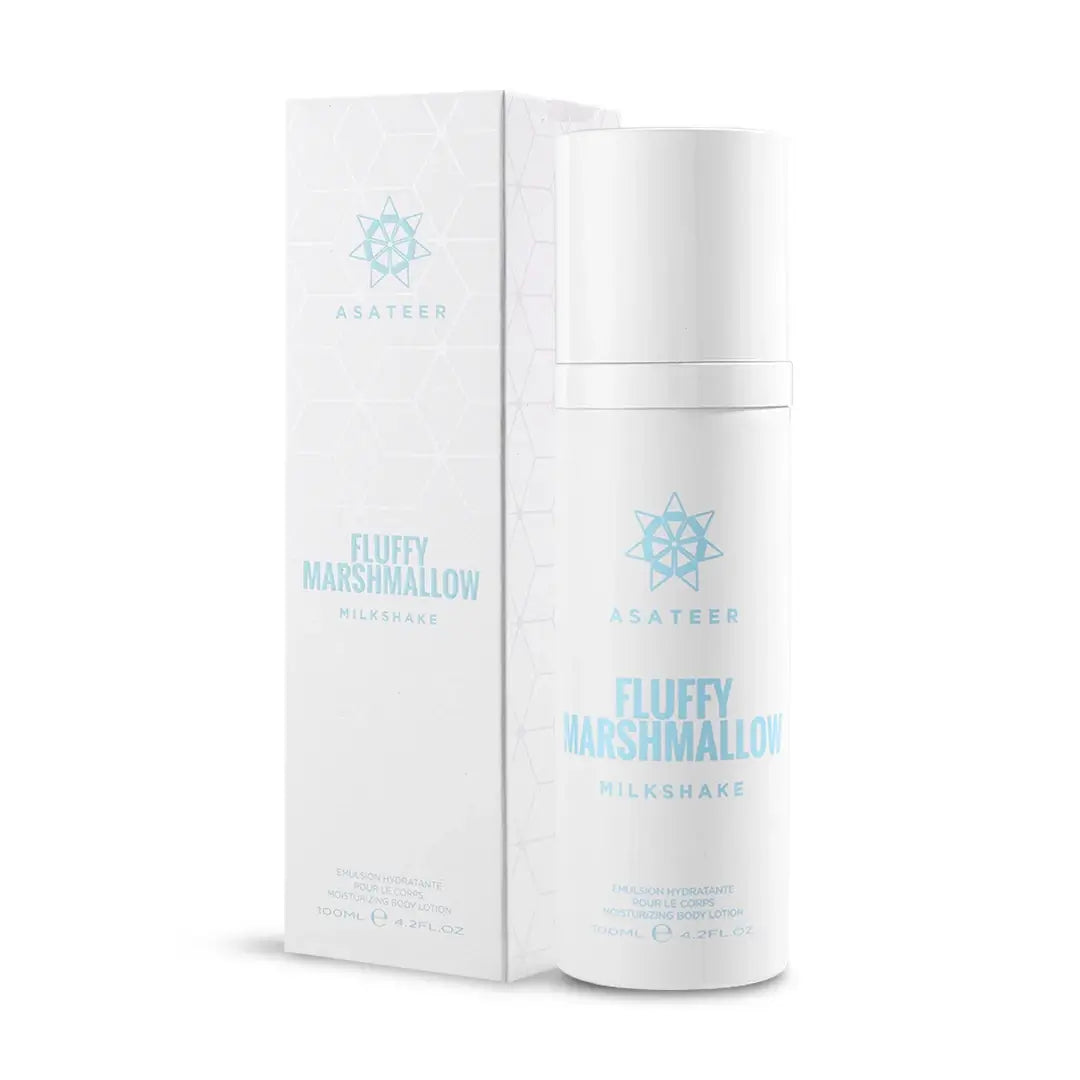'Fluffy Marshmallow Milkshake Body Lotion Spray' bottle & packaging on a white background with 'Asateer' branding