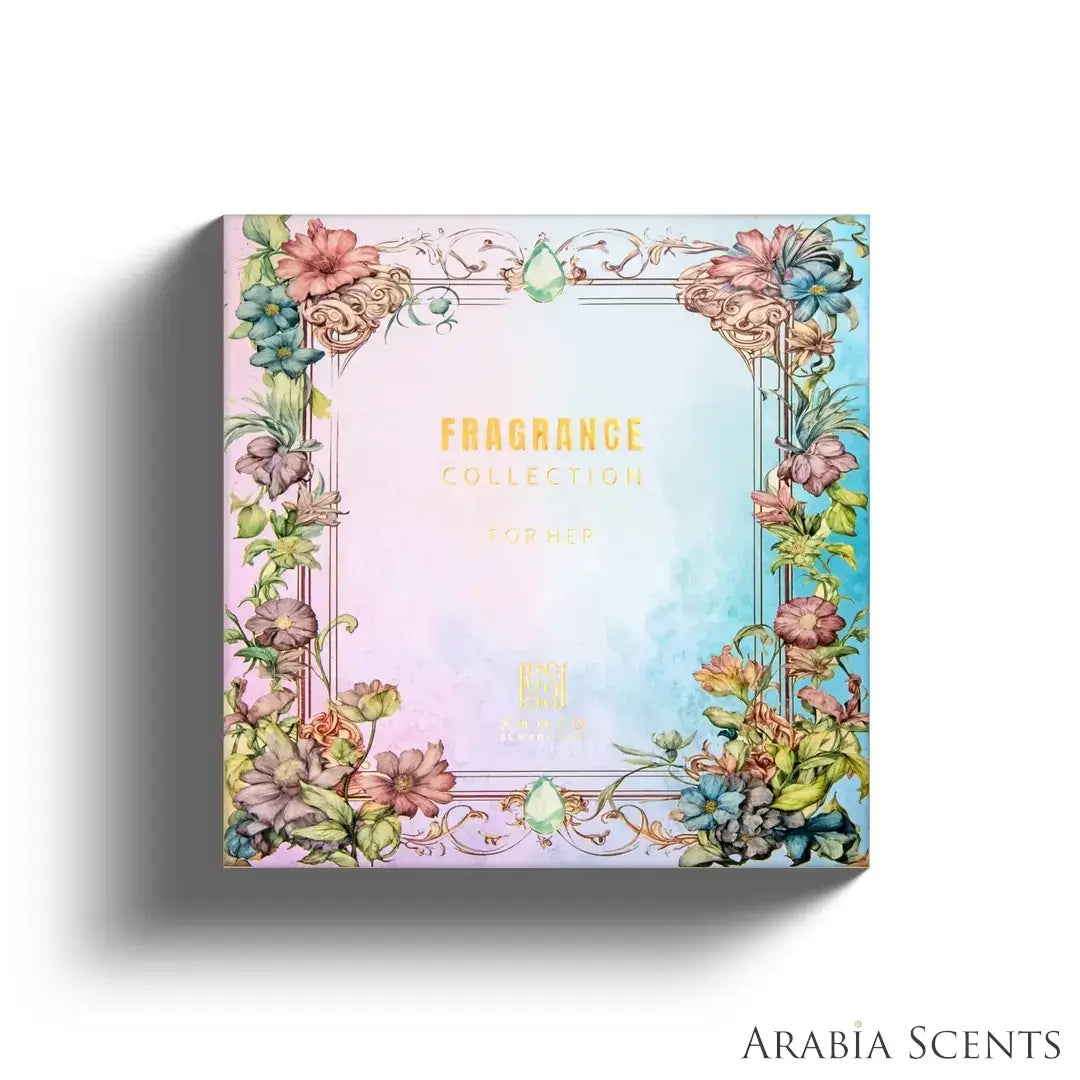 'Fragrance Collection For Her' set  packaging on a white background with 'Ahmed Al Maghribi' branding featured by 'Arabiascents'