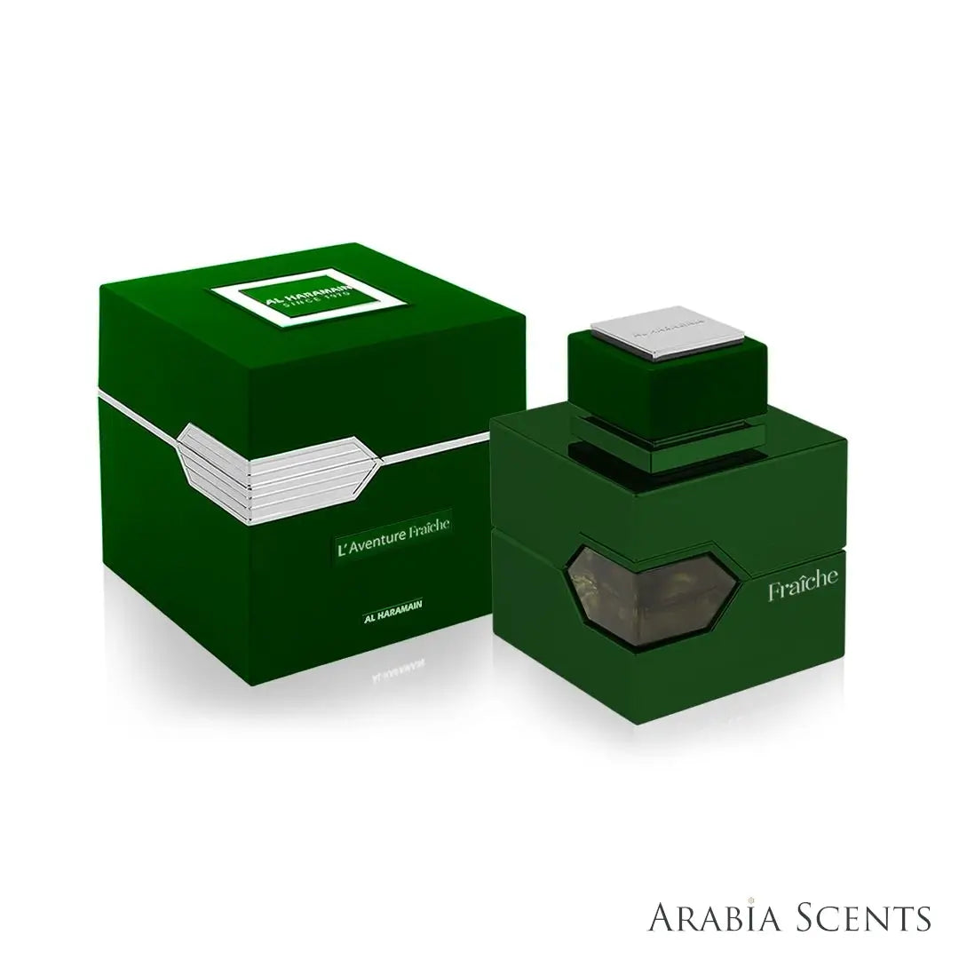 'Fraiche L'Aventure' perfume bottle & packaging on a white background with 'Al Haramain' branding featured by 'Arabiascents'