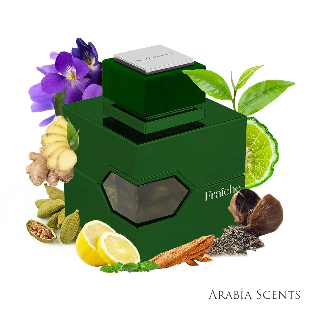 'Fraiche L'Aventure' perfume bottle with notes on a white background with 'Al Haramain' branding featured by 'Arabiascents'